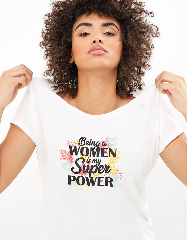 I.Code white organic T-shirt with slogan and exotic print-1