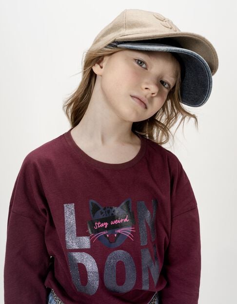 Bordeaux T-shirt biokatoen tekst en poes meisjes - IKKS