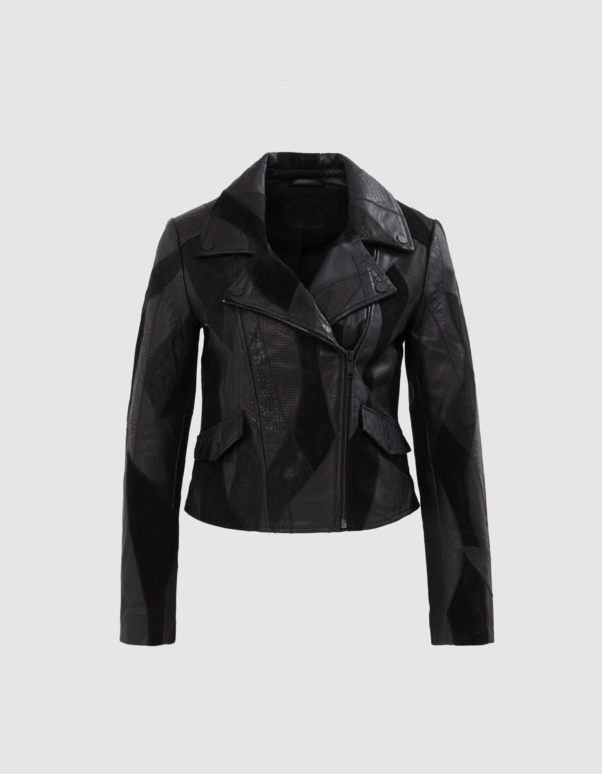 Veste en cuir noire esprit motard effet patchwork Femme IKKS