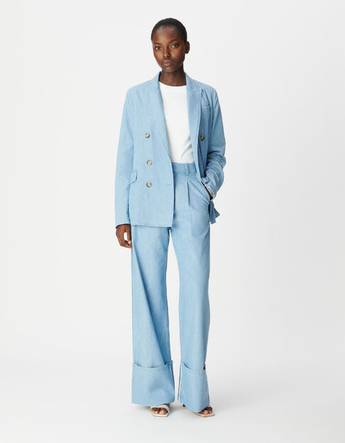 Pantalon de tailleur bleu coton bio larges revers Femme - IKKS