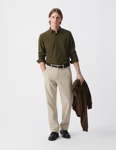Khaki Herrenhemd, SLIM-Fit, Bio-Baumwollvoile, Streifstick - IKKS