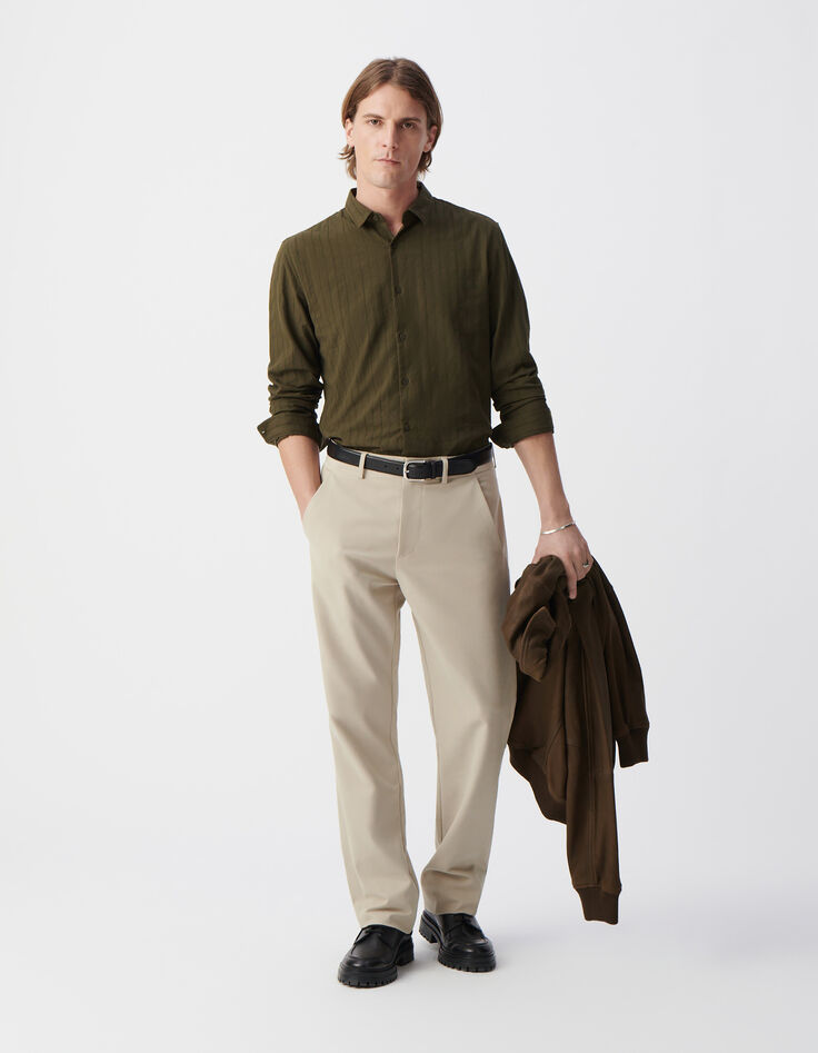 Khaki Herrenhemd, SLIM-Fit, Bio-Baumwollvoile, Streifstick-1
