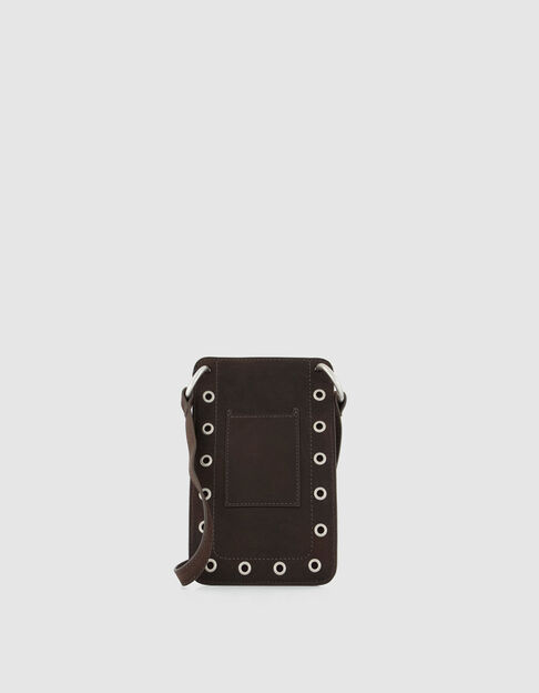 Pochette t&eacute;l&eacute;phone marron cuir &oelig;illets Femme - IKKS