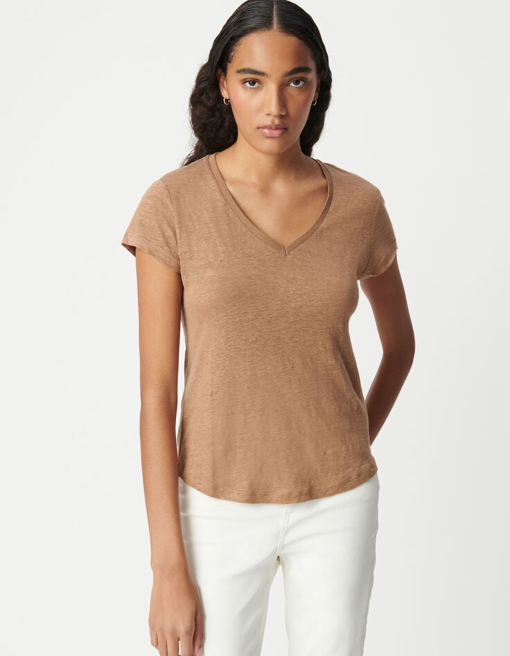 Tee-shirt col V camel en lin foil femme-2