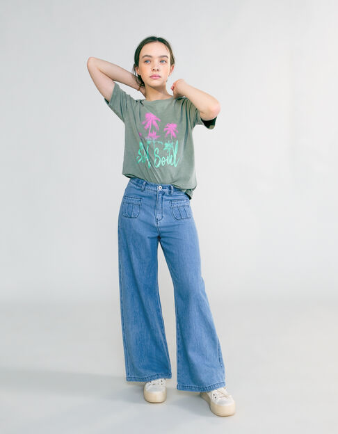 Girls’ khaki T-shirt with glitter and palm tree images - IKKS