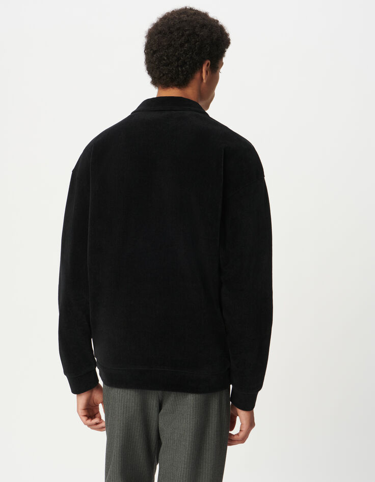 Schwarzes Herrenpoloshirt lange &Auml;rmeln Veloursstrick-3