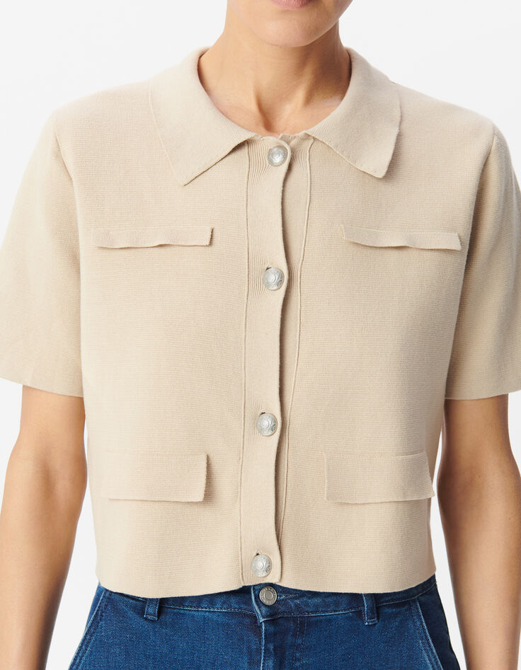 Dames kort gebreid beige vest met gegraveerde knopen-4