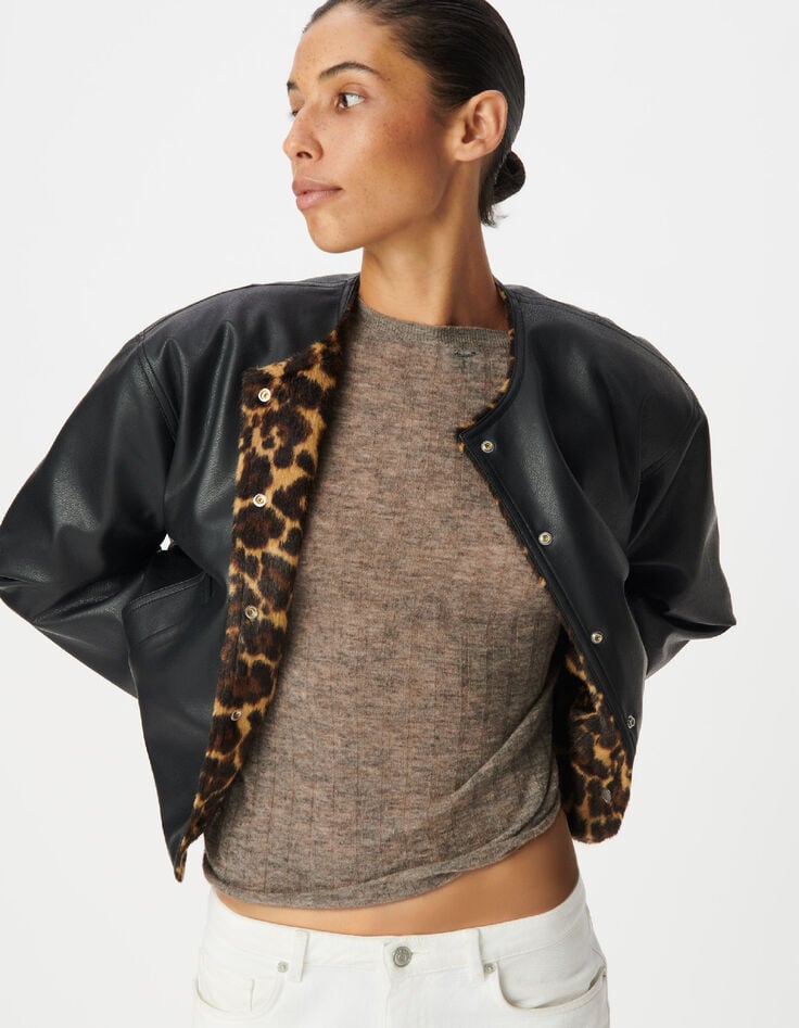 Veste r&eacute;versible noire et motif l&eacute;opard Femme-2