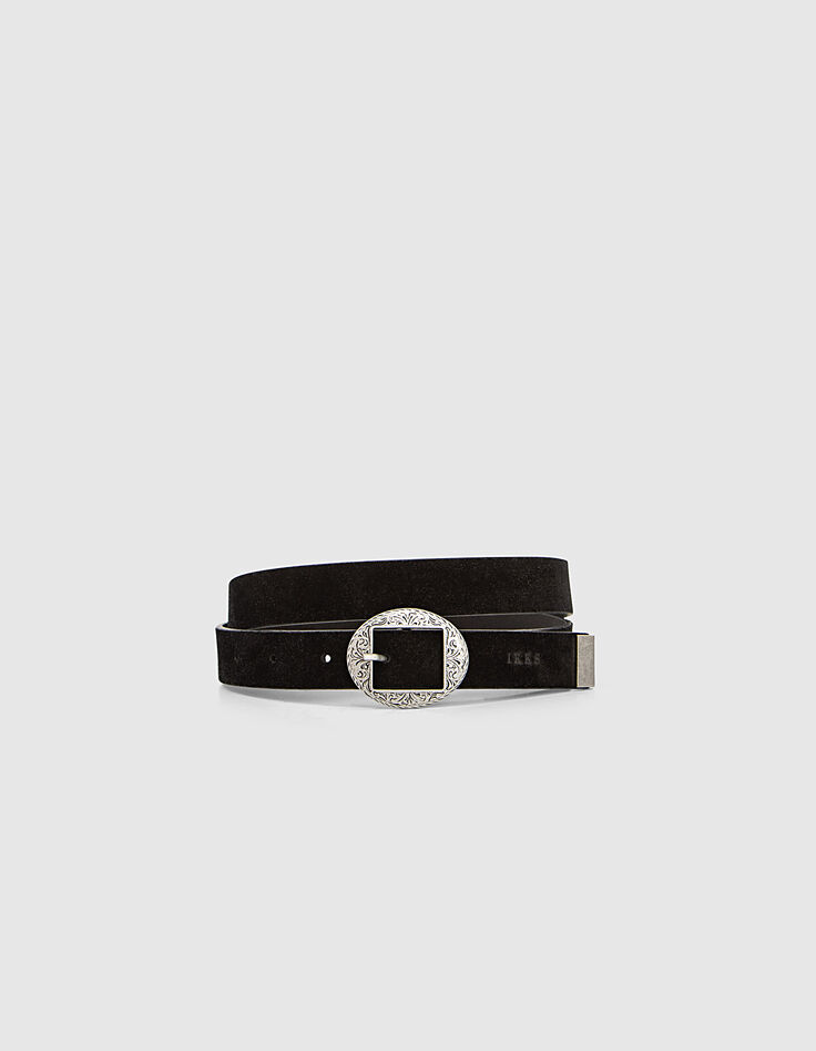 Ceinture noire en cuir su&eacute;d&eacute; boucle vintage femme-1