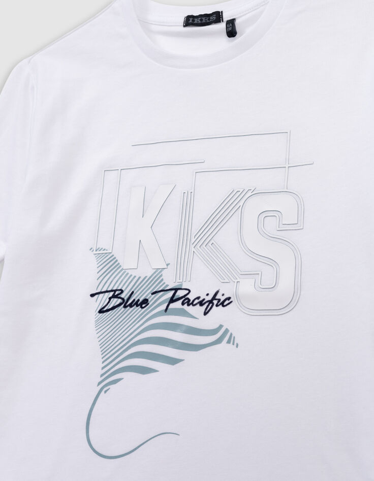 Weißes Jungen-T-Shirt, Biowolle, Beflockung Logo-Rochen-3
