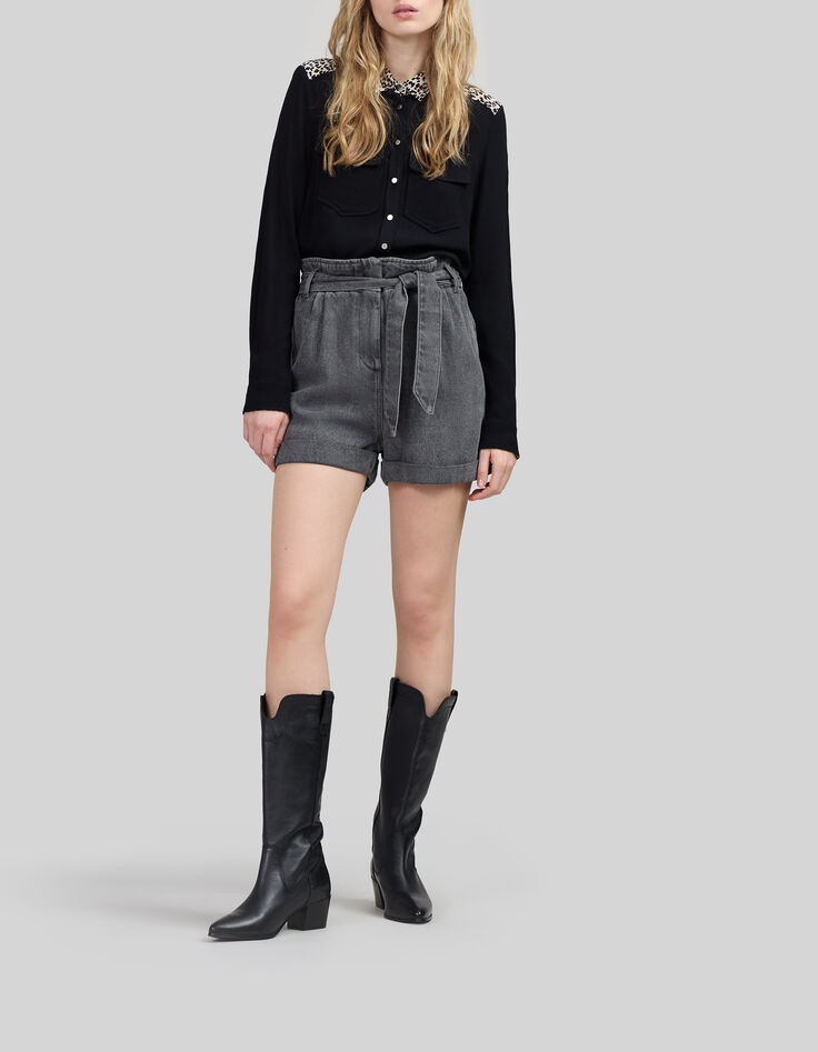 Short en jean gris Lyocell® ceinturé Femme-1