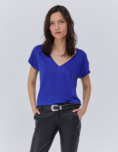 Women’s blue foil linen knit T-shirt