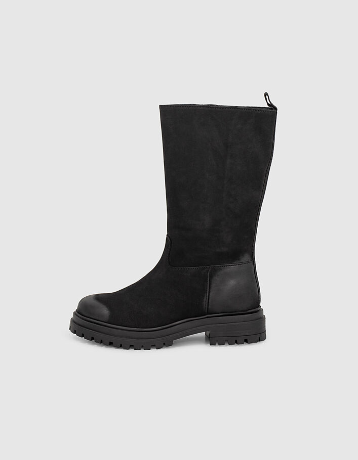 Women’s black leather mid-high boots + notched soles