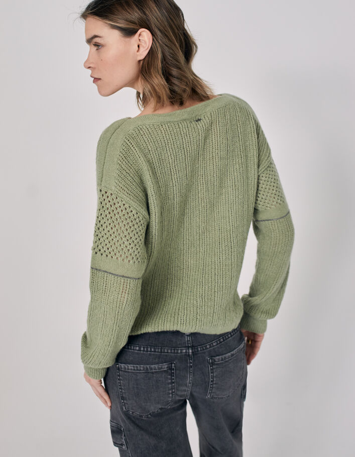 Women’s khaki knit sweater with stitch detail and chains - IKKS