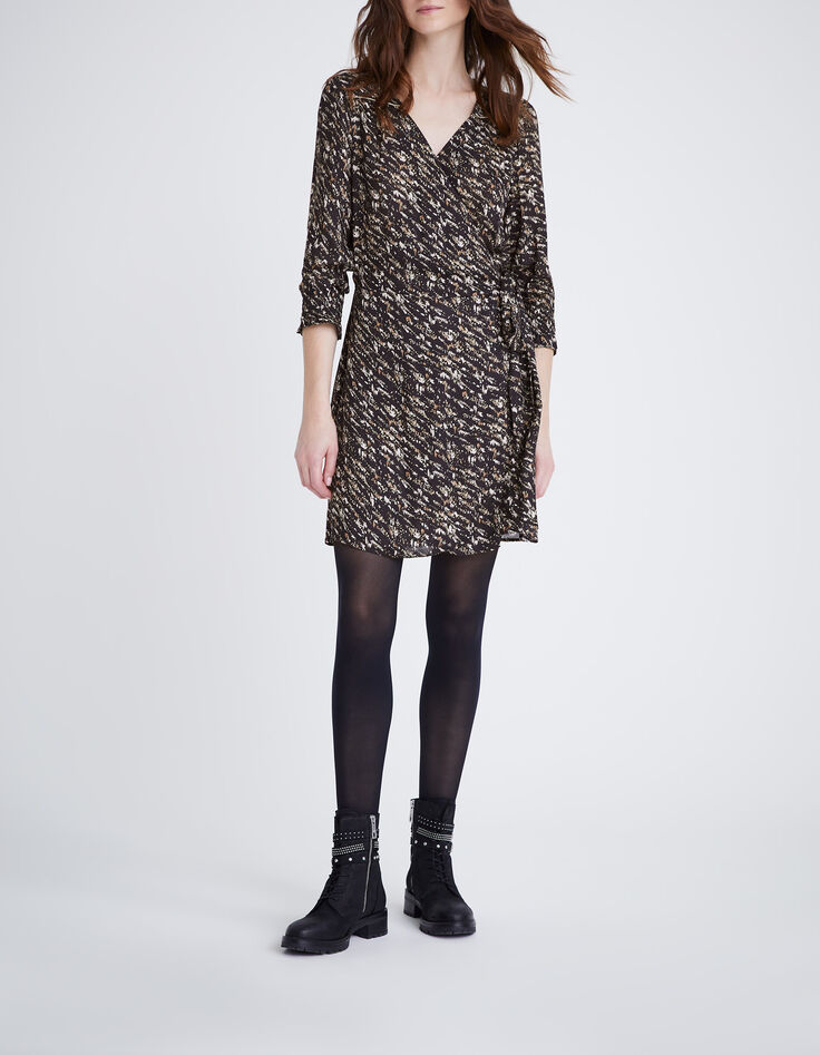Robe portefeuille noire imprimé fusain Femme-1 Robe portefeuille noire imprimé fusain Femme-1