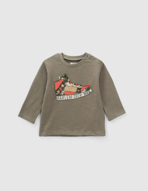 Kaki T-shirt biokatoen opdruk sneakers babyjongens