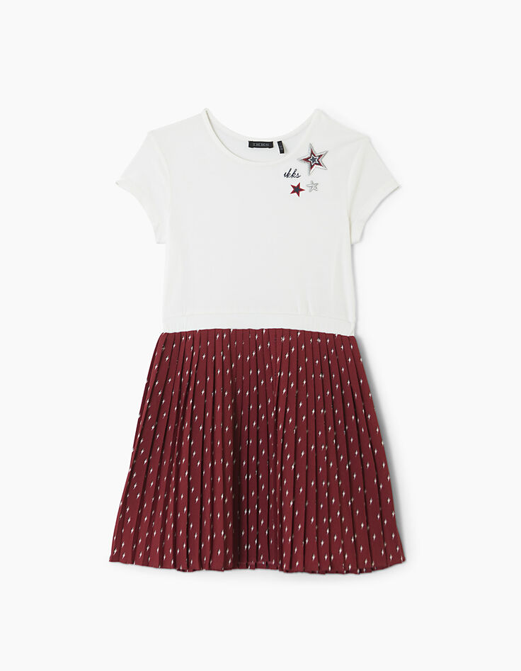 Witte jurk in twee materialen met rode plooiprint meisjes -2