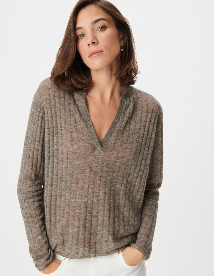Pull manches longues beige tricot c&ocirc;tes plates Femme-4