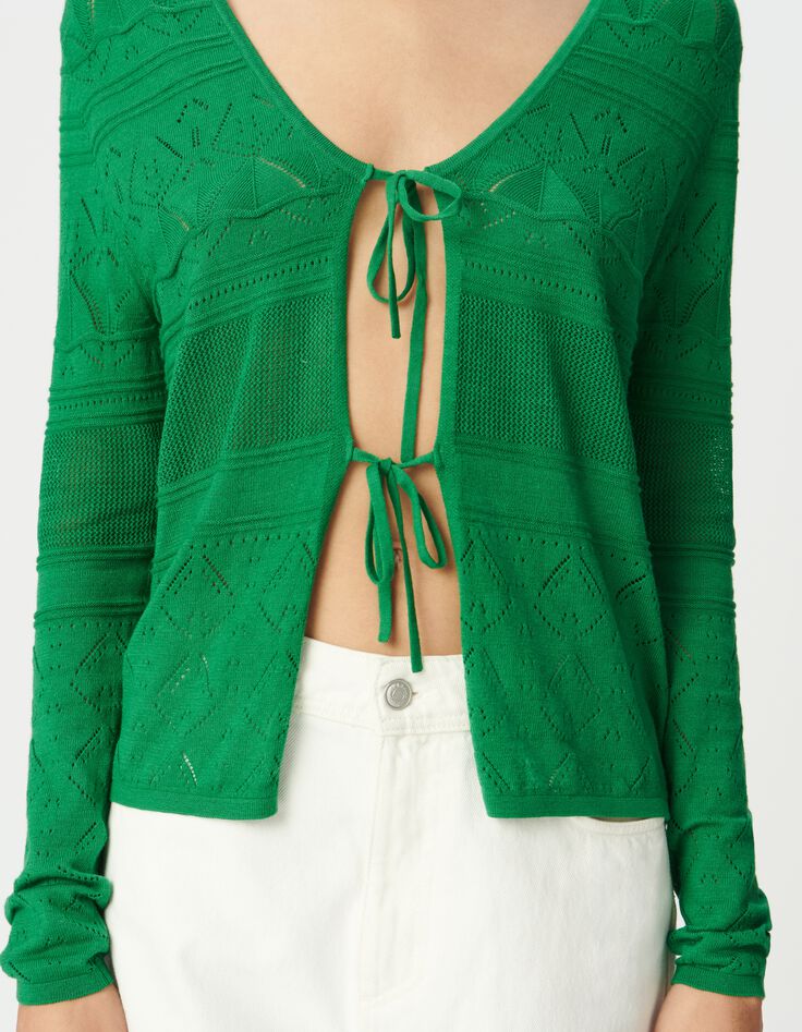 C&aacute;rdigan verde punto calado anudado-4