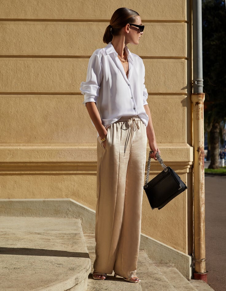 Pantalón ancho Mujer de poliéster reciclado beige con cintura elástica-7 Pantalón ancho Mujer de poliéster reciclado beige con cintura elástica-7
