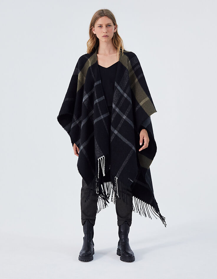 Women’s black checked fringed poncho-7