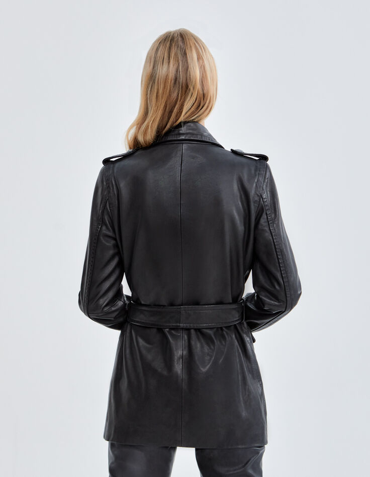 Pure Edition &ndash; Lange, schwarze Damenlederjacke mit G&uuml;rtel-3