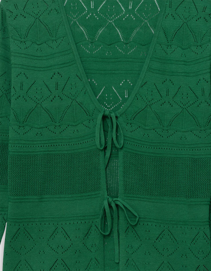 Cardigan vert tricot ajouré à nouer-3 Cardigan vert tricot ajouré à nouer-3
