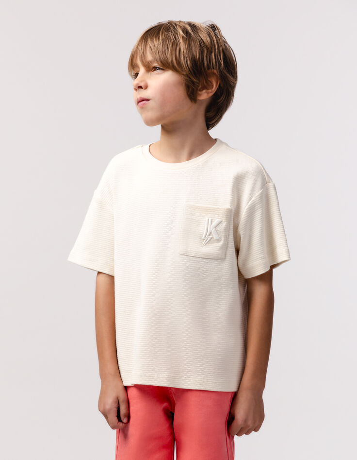 Beiges Jacquard-Jungen-T-Shirt mit gestickter Tasche-2