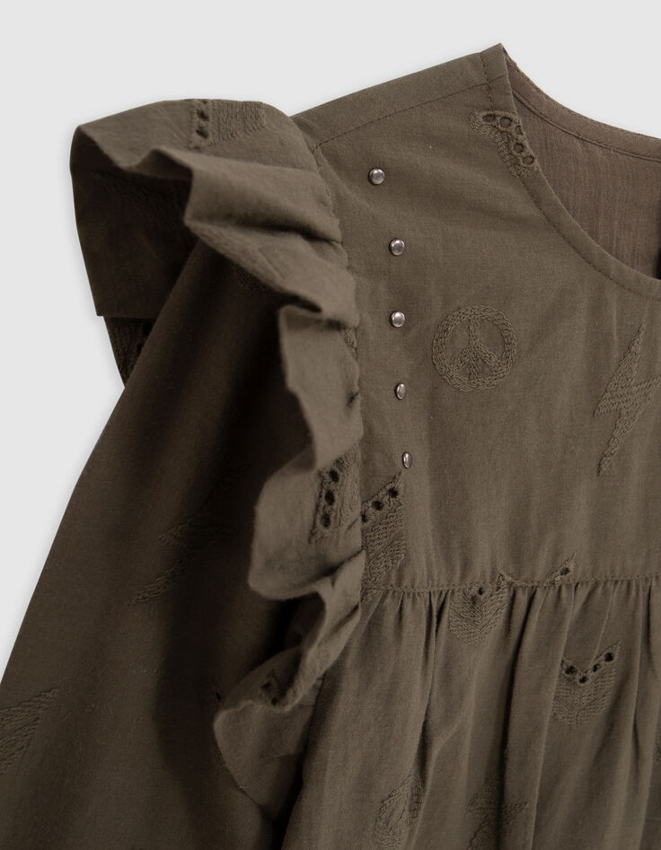 Kaki jurk, anglaise borduursel, legermotieven, meisje-5 Kaki jurk, anglaise borduursel, legermotieven, meisje-5