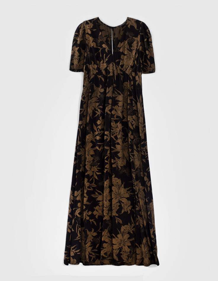 Lange zwarte jurk lelieprint Dames-3
