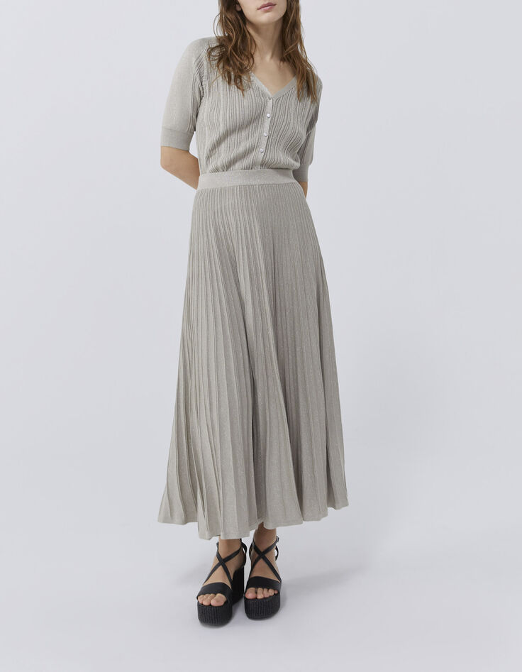 Cardigan champagne en tricot côtelé lurex Femme-7