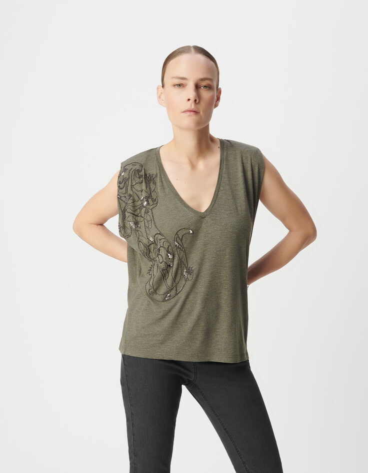 Mujer Camiseta caqui con bordado de tigre y cuello en V-2