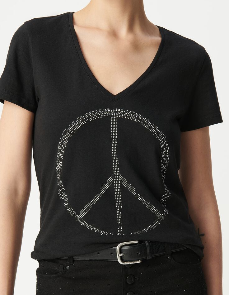 Camiseta negra con tachuelas peace and love de algod&oacute;n org&aacute;nico para mujer-4