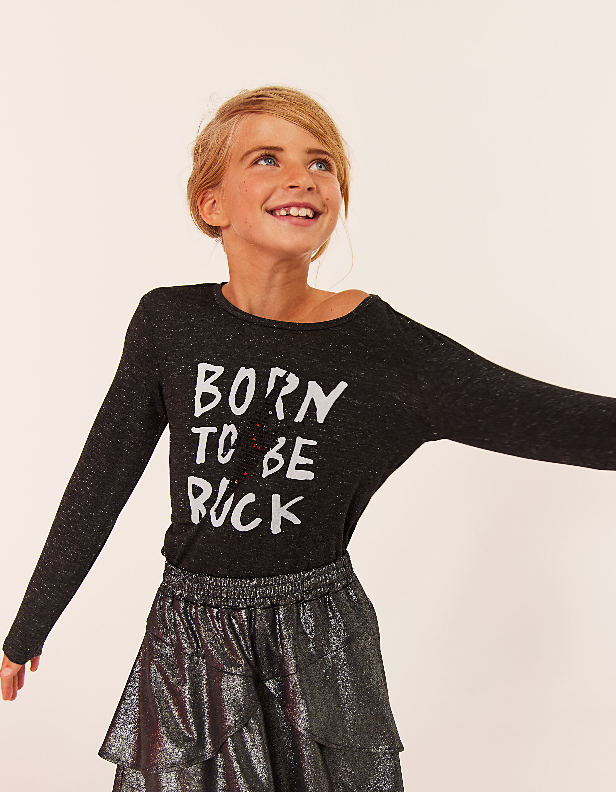 Girls black sequin lightning bolt and slogan T shirt