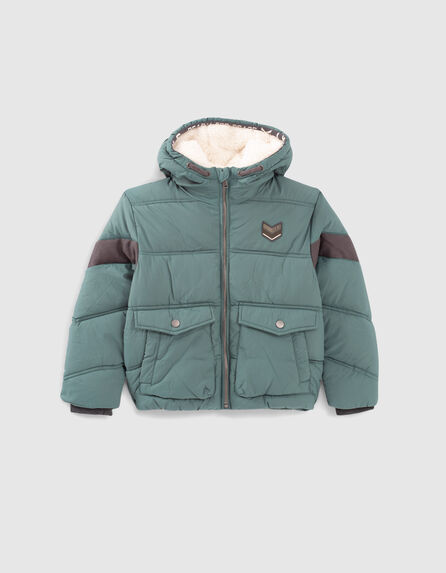 Boys' stone green fur-lined hooded padded jacket