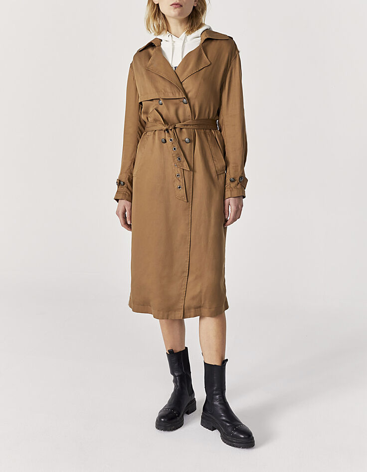 Lange beige trench in tencel afneembare ceintuur dames-7