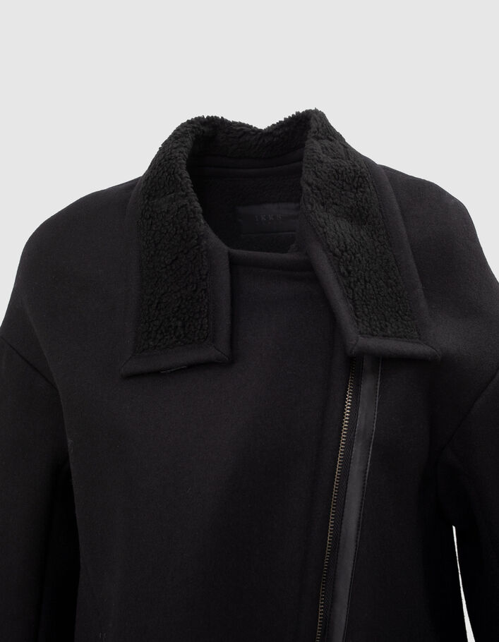 Zwarte mantel in wolmix gedestructureerde kraag kunstleer - IKKS