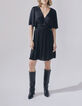 Vestido negro raso reciclado cintura drapeada mujer-1
