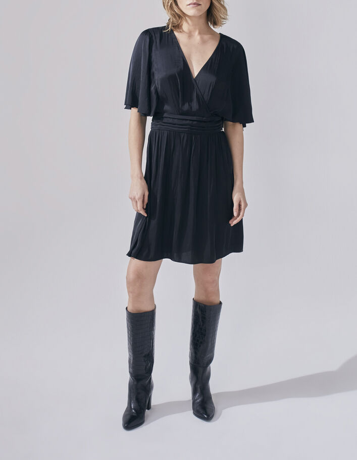Women’s black recycled satin dress with draped belt - IKKS