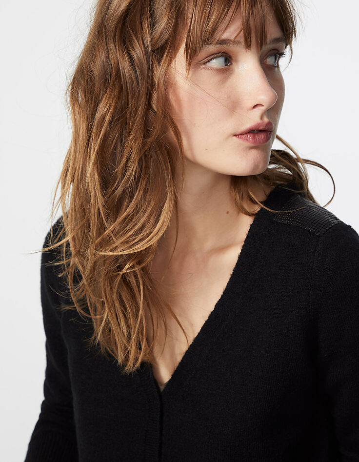 Cardigan noir maille mousseuse facettes bijoux femme-4