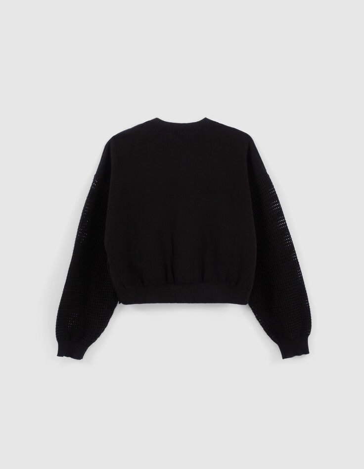 Cardigan cropped noir tricot manches ajourées fille-2