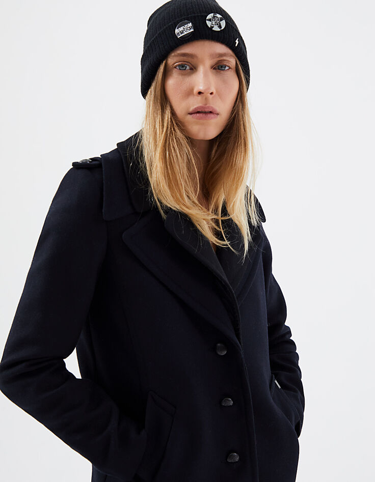 Manteau caban en drap de laine marine double col femme-1