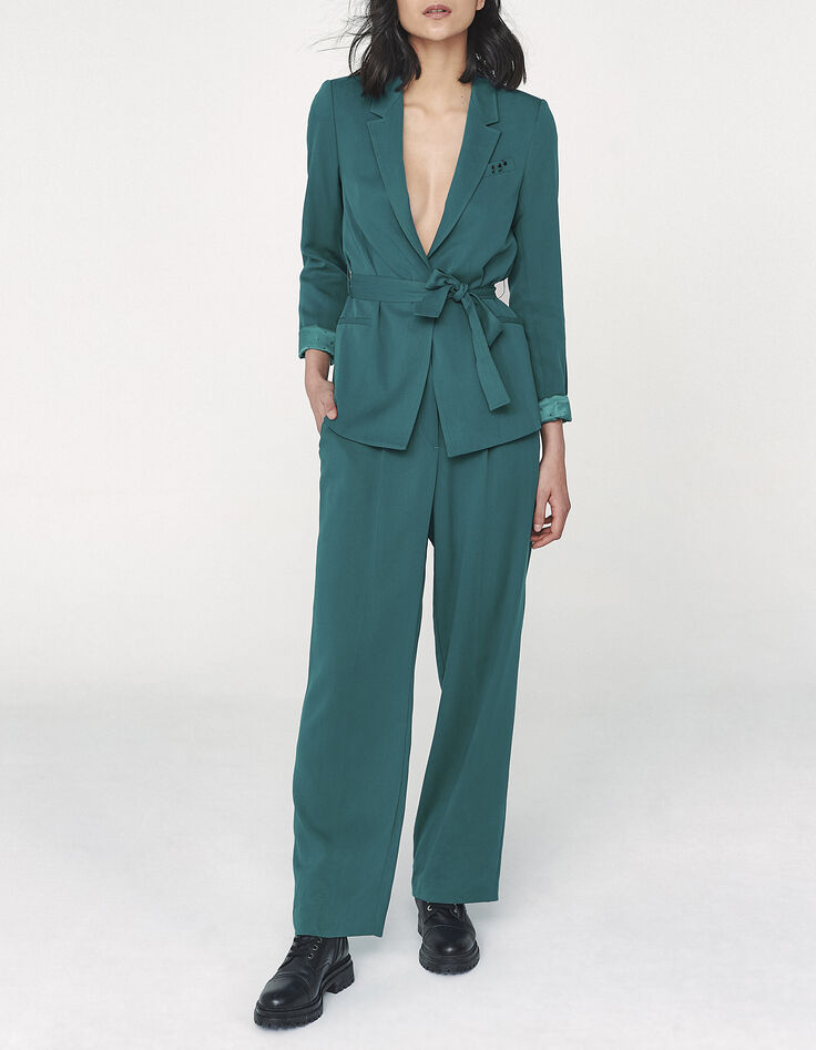 Veste tailleur en tencel émeraude avec ceinture femme-4