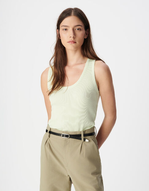 Women's green ribbed tank top with herringbone embroidery - IKKS