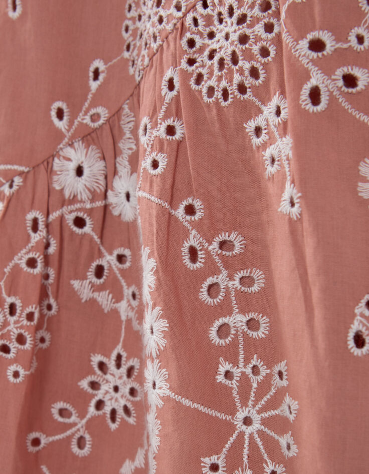 Girls’ old pink organic cotton dress, embroidered flowers-8