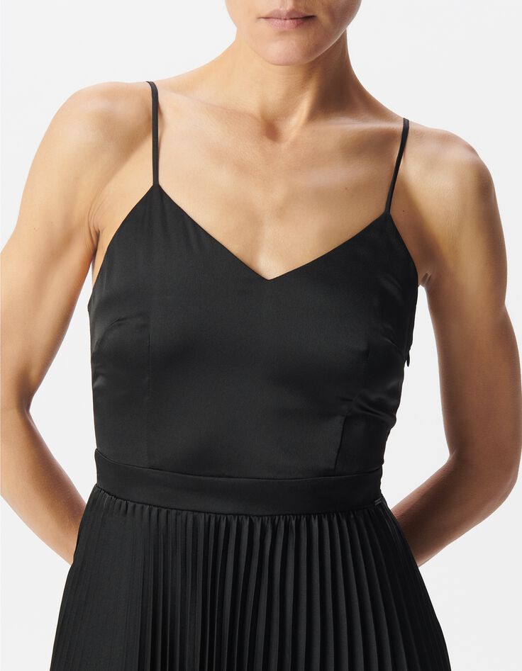 Robe longue noire pliss&eacute;e fines bretelles Femme-4