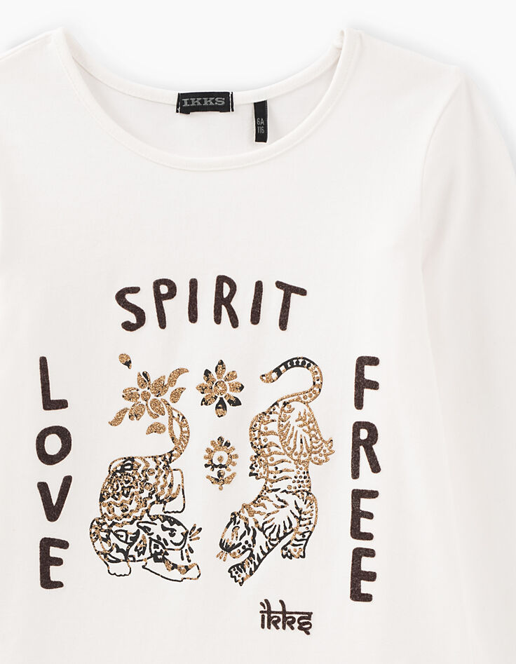 Tee-shirt blanc cassé Love, free, spirit avec tigres fille-2 Tee-shirt blanc cassé Love, free, spirit avec tigres fille-2