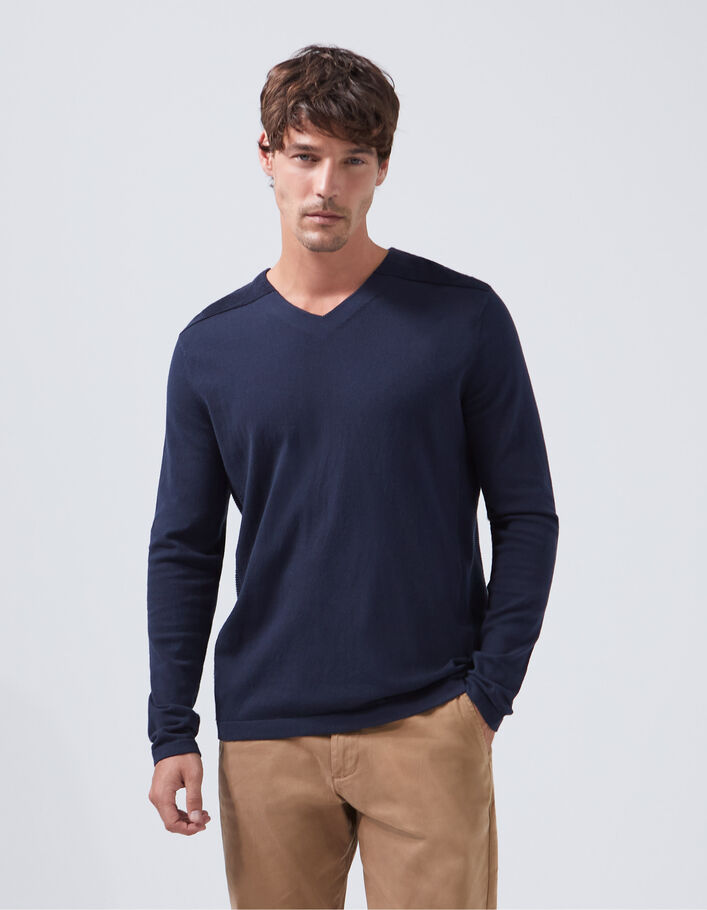 Men's navy V-neck sweater with Ottoman ribbing