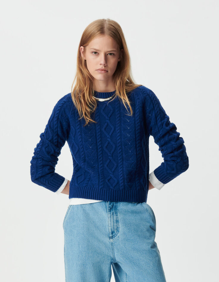 Blauer Damen-Kurzstrickpulli aus 100 % Wolle Punkte-2