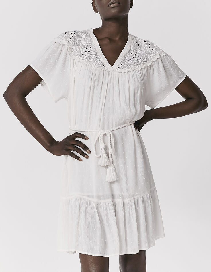Women’s white embroidered collar dotted Swiss crepe dress-1
